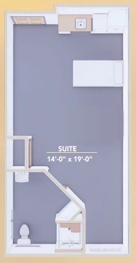 Floor plan of a suite measuring 14 feet by 19 feet.