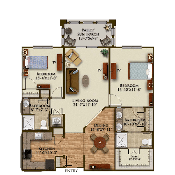 A floor plan of a two-bedroom apartment featuring a living room, kitchen, two bathrooms, and a patio.