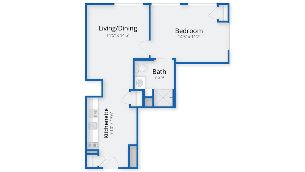 A floor plan of a one-bedroom apartment with designated living/dining area, kitchen, bath, and bedroom.
