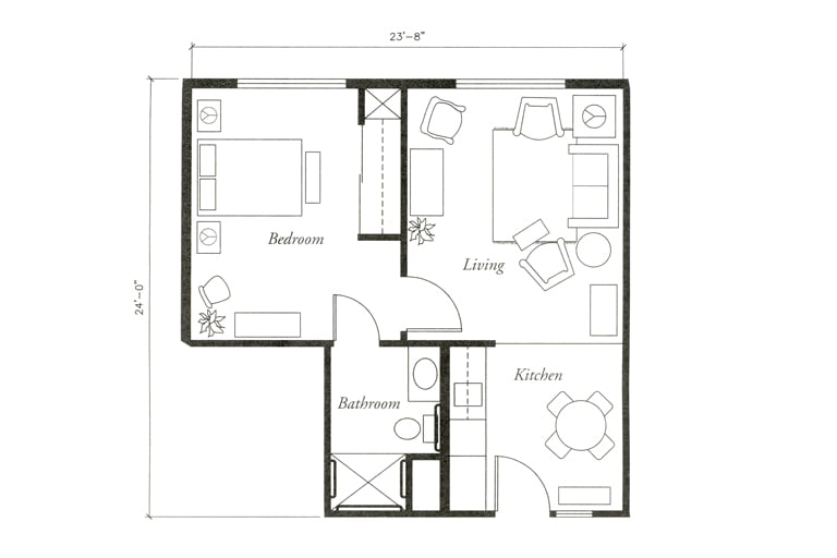 A simple apartment floor plan showing a bedroom, living room, kitchen, and bathroom.