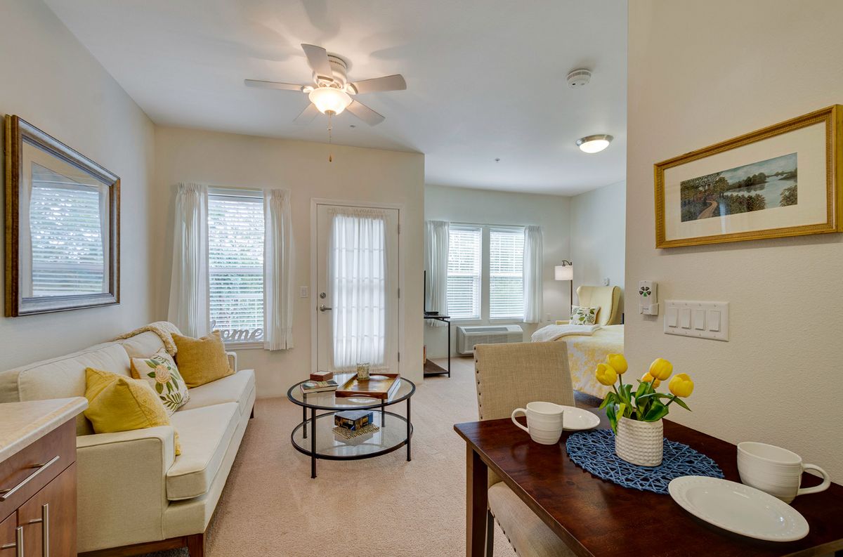 A cozy living room with elegant decor, featuring a comfortable sofa and coffee table, illuminated by natural light through large windows.