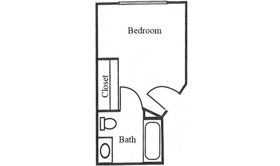 Simple floor plan illustrating a bedroom with an adjoining bath and closet.