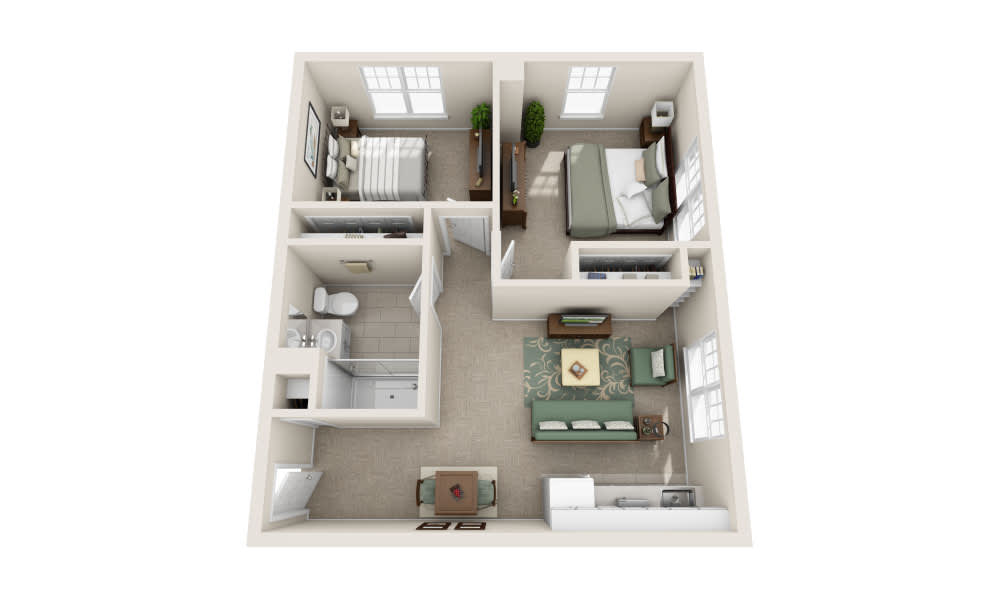3D rendering of a two-bedroom apartment layout with a living room, kitchen, and bathroom.