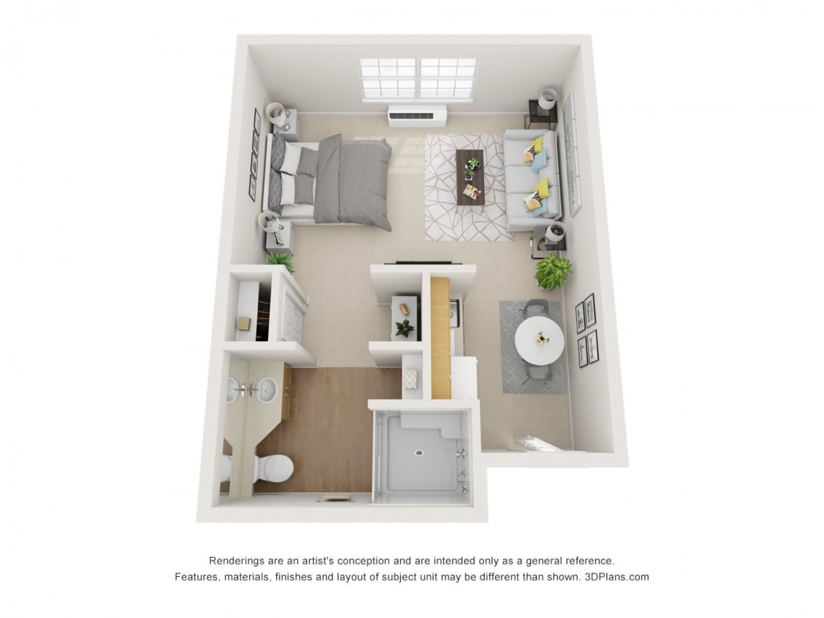 A 3D floor plan of a one-bedroom apartment featuring a living room, kitchen, bathroom, and bedroom.