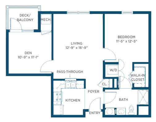 Apartment floor plan featuring a one-bedroom layout with a living room, kitchen, bathroom, and balcony.