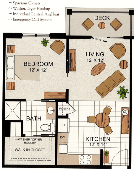 A floor plan of a one-bedroom apartment with kitchen, living room, bath, and deck.