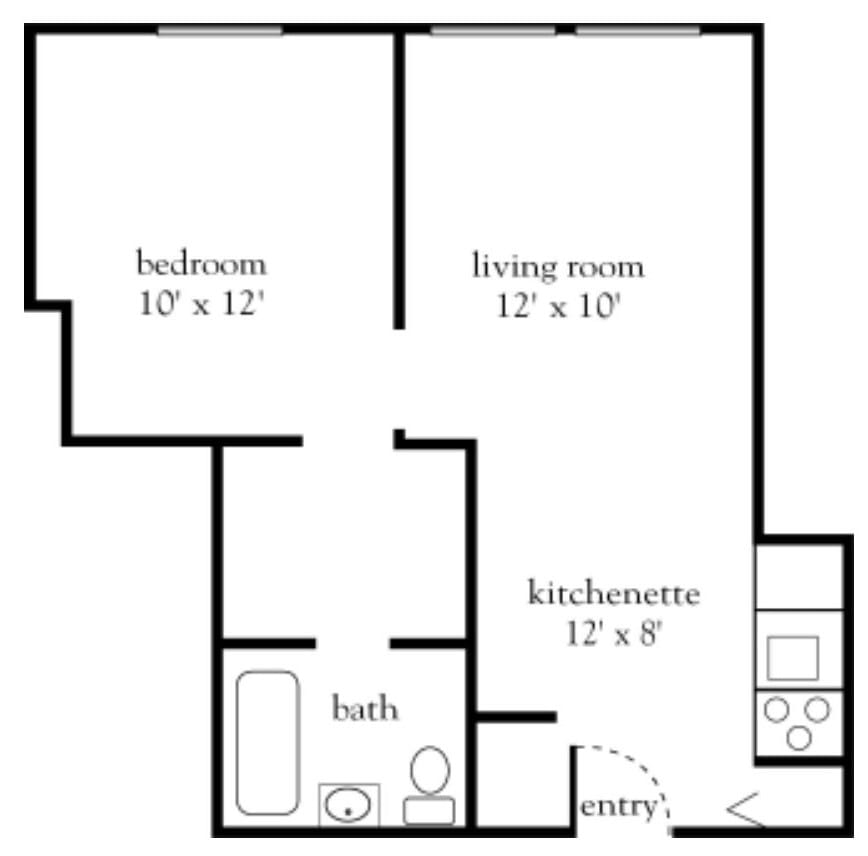 A floor plan of a one-bedroom apartment with a living room, kitchenette, and bathroom.