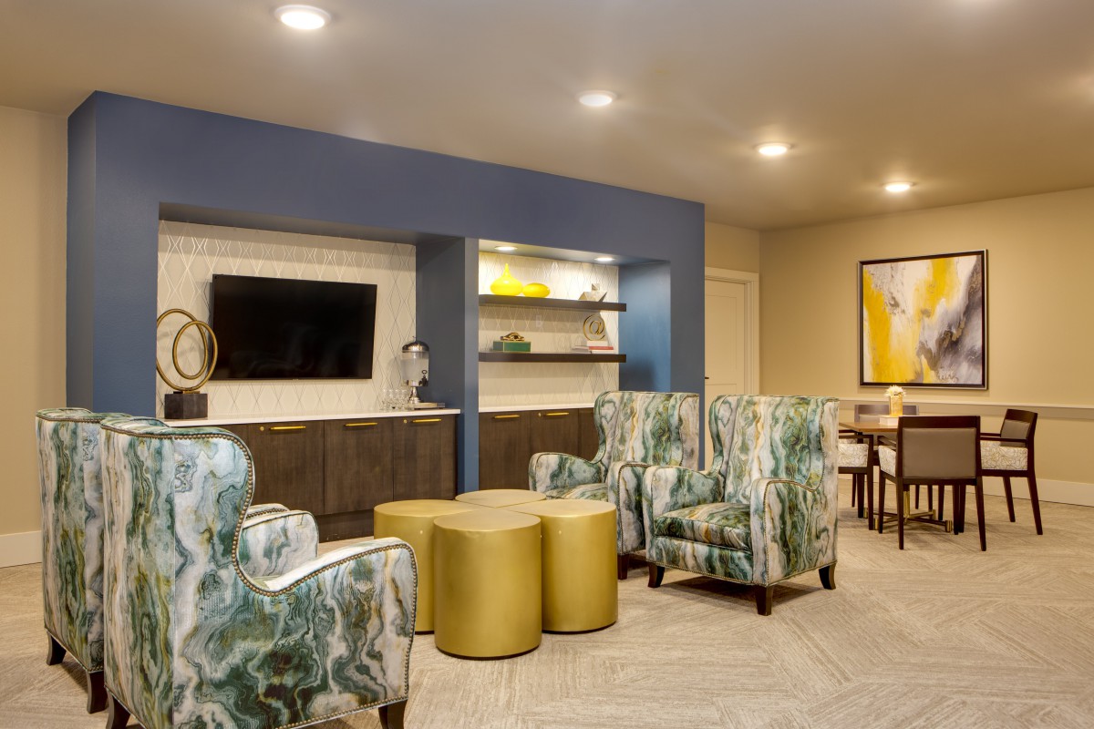 A modern living room with patterned armchairs, a flat-screen TV, and stylish shelving.