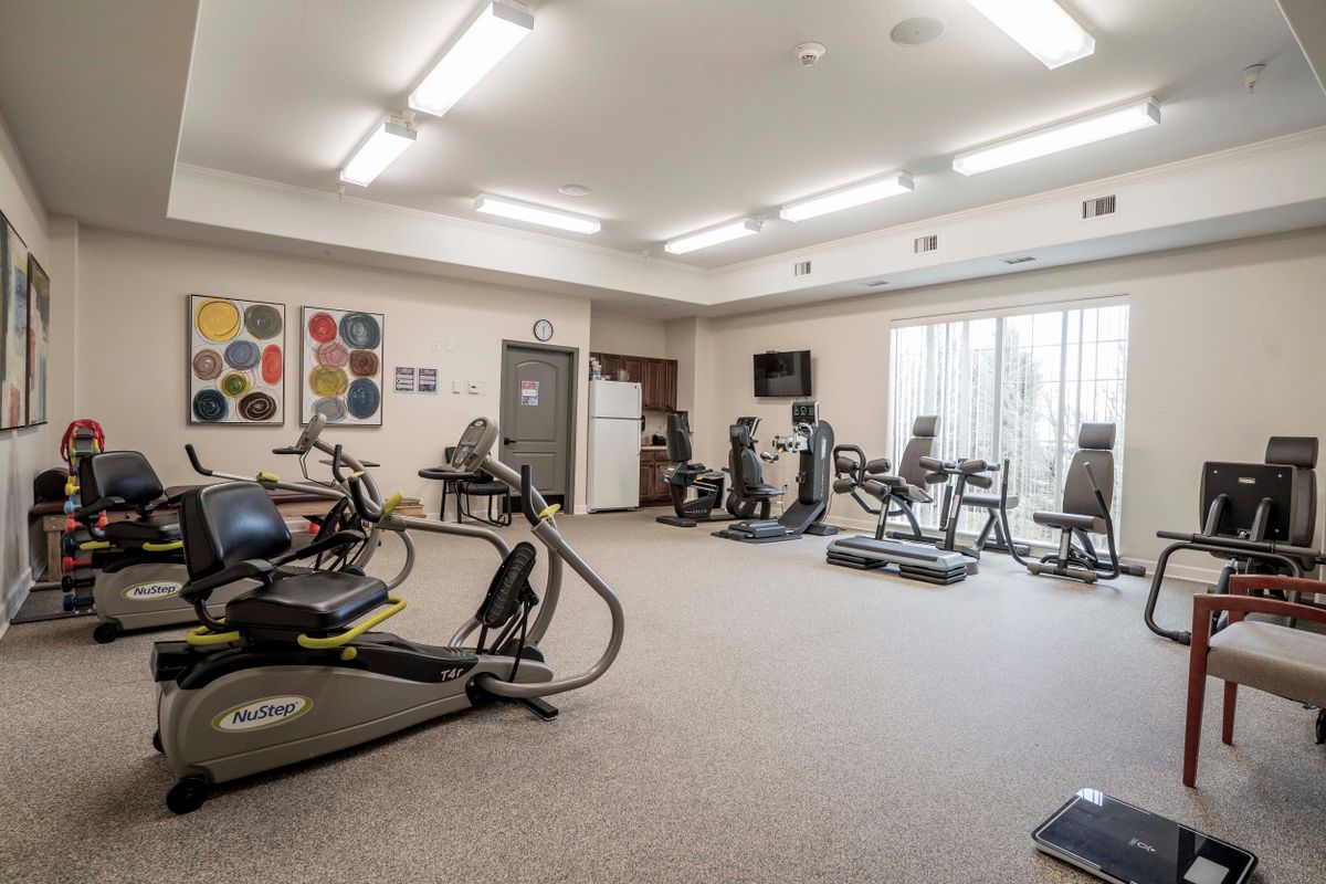 A well-equipped gym with various cardio machines such as treadmills and exercise bikes in a brightly lit indoor space.