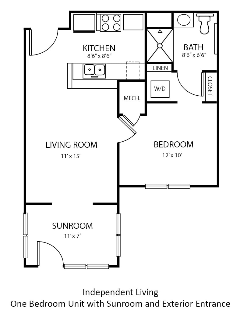 A floor plan of a one-bedroom apartment with a living room, kitchen, bathroom, and sunroom.