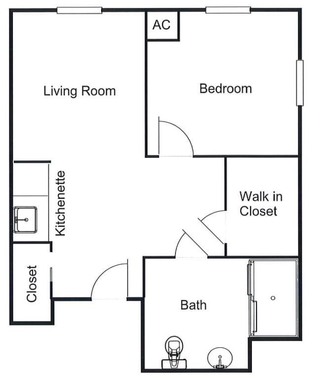 A simple floor plan of an apartment featuring a living room, bedroom, kitchenette, walk-in closet, and bathroom.