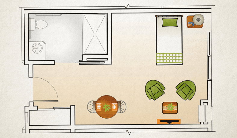 A simple floor plan featuring a bedroom and living area layout with furniture.