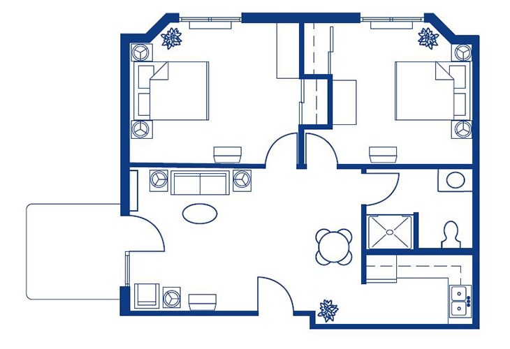 Blueprint of an apartment showing layout and furniture placement.