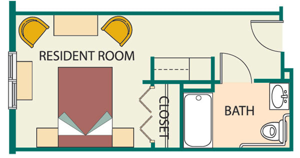 A floor plan showing a resident room, adjacent closet, and bathroom.