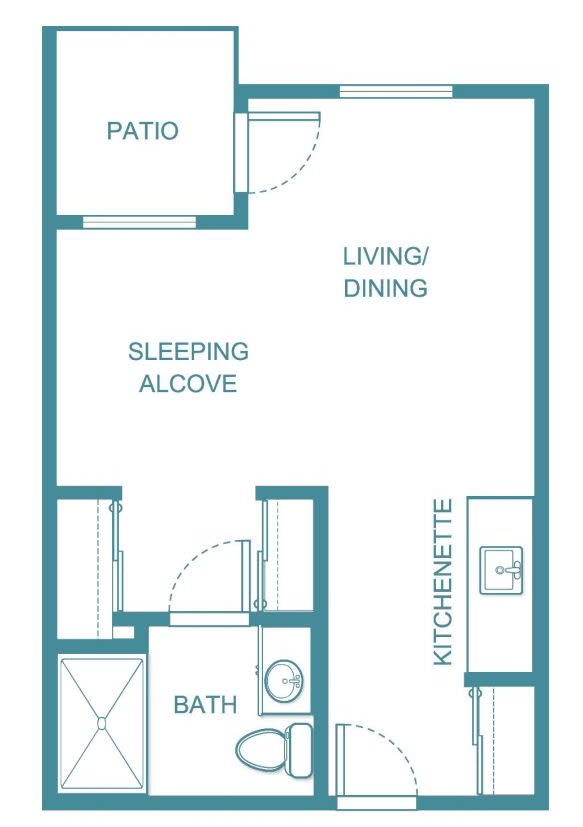 Studio apartment floor plan with patio, kitchenette, and living area.