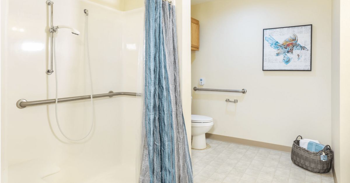 An accessible bathroom with a shower, blue curtain, and a toilet equipped with grab bars.