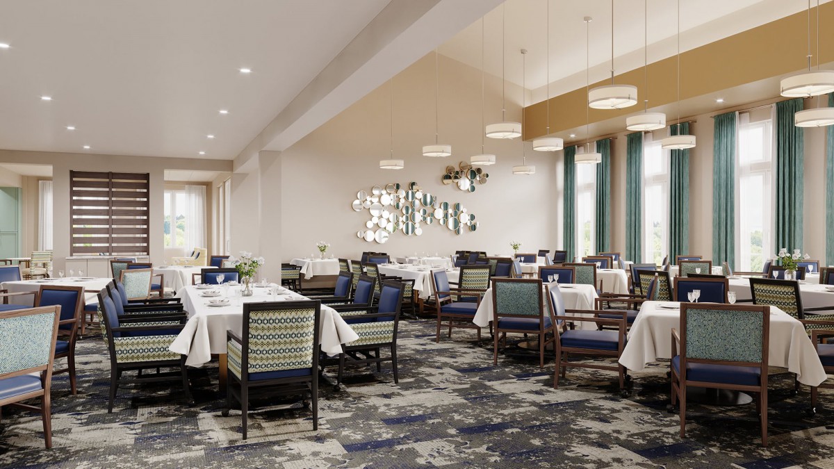 A spacious and elegantly designed restaurant dining area with neatly arranged tables and chairs.