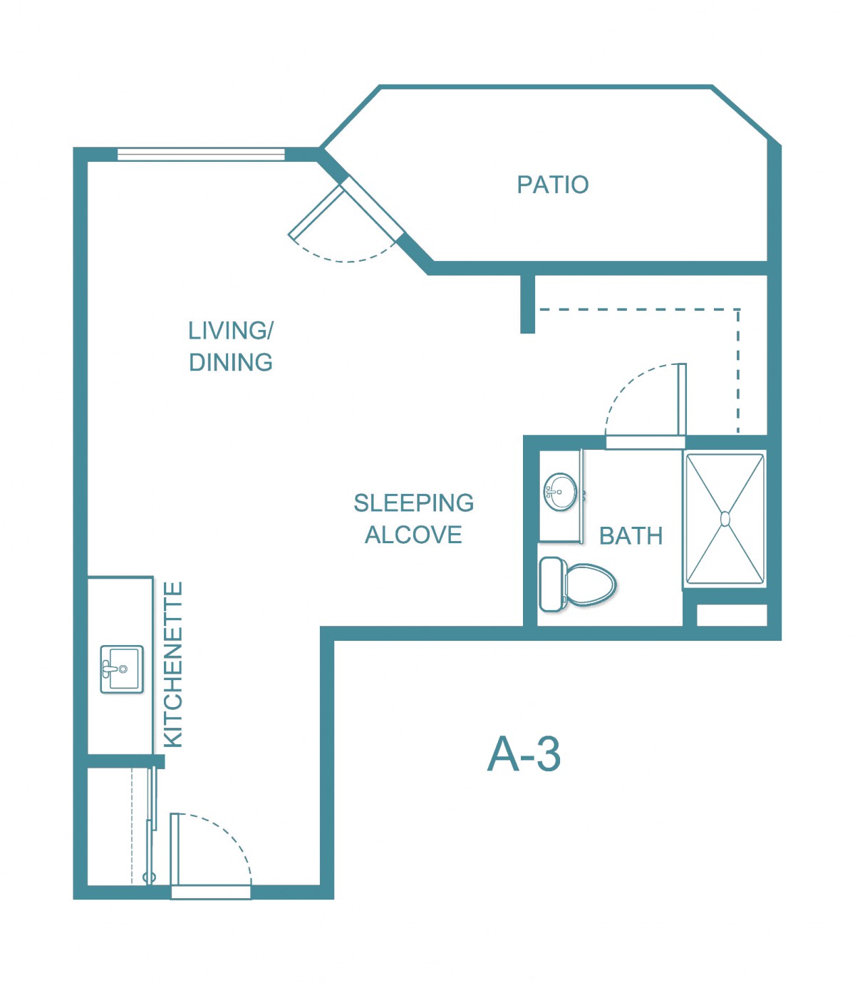 Blueprint of a studio apartment with designated living and sleeping areas.