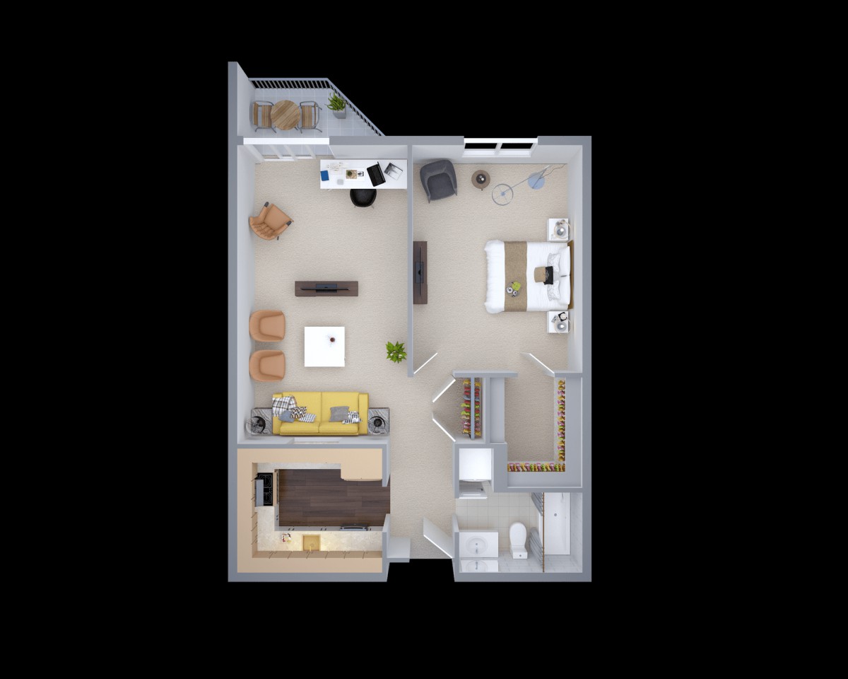 A modern apartment floor plan featuring a living room, bedroom, kitchen, and bathroom.