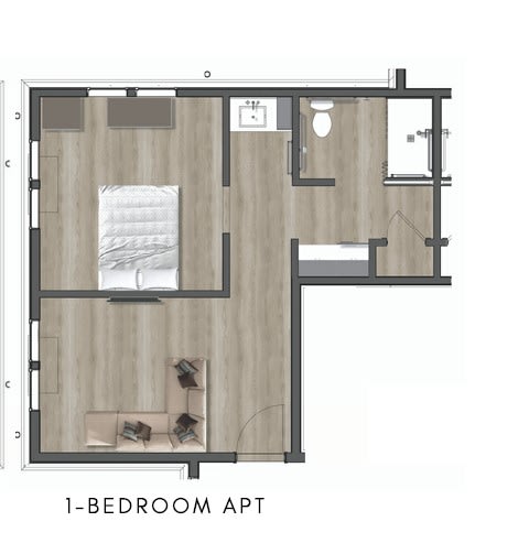 A floor plan of a 1-bedroom apartment showing layout and room placement.