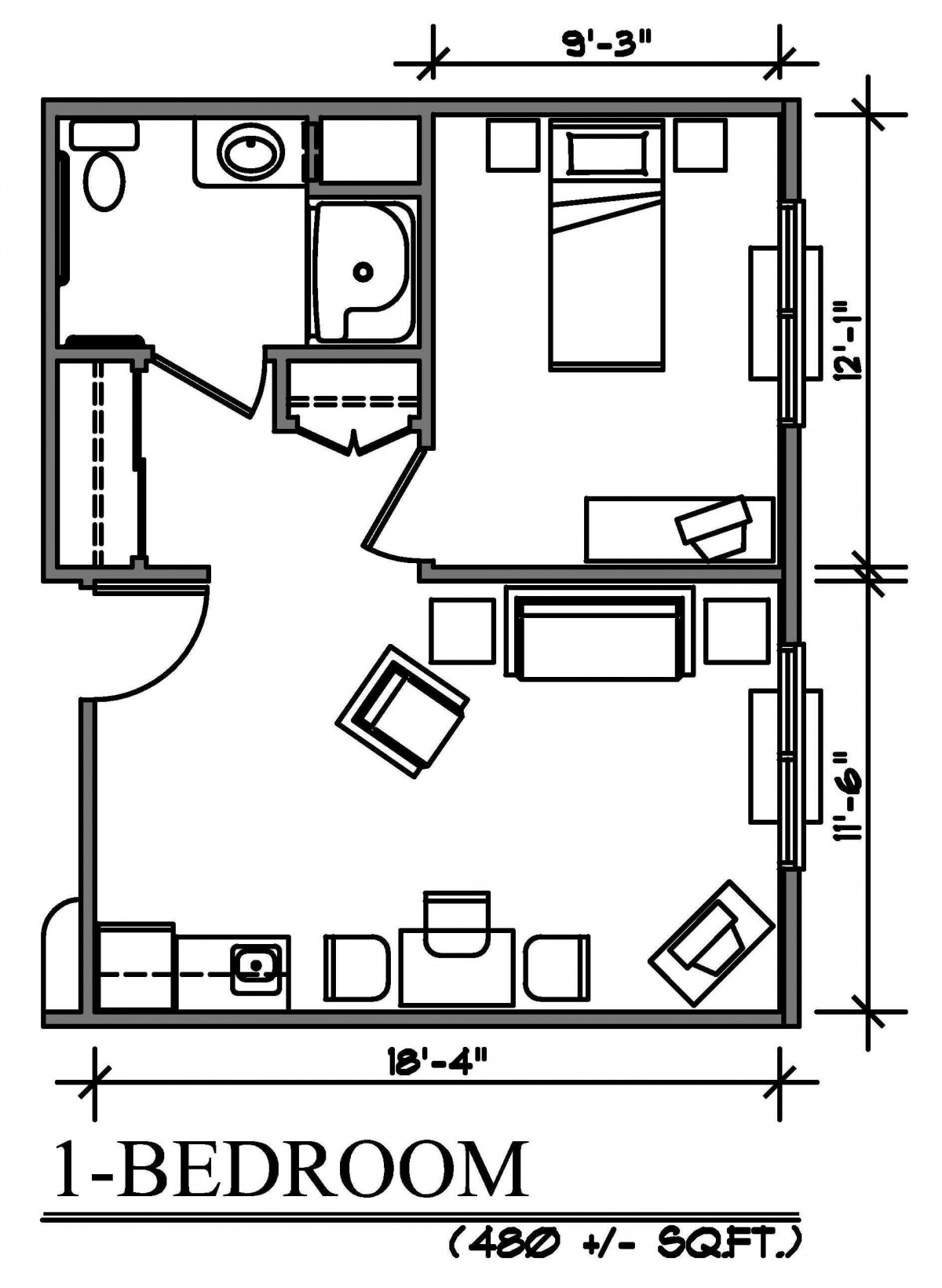 A floor plan of a one-bedroom apartment featuring a living area, kitchen, bathroom, and entrance.