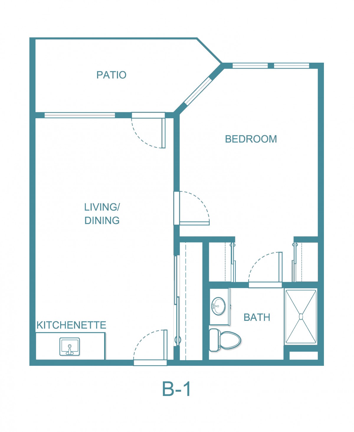 A simple floor plan of a one-bedroom apartment featuring a living/dining area, kitchenette, bathroom, bedroom, and patio.