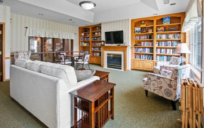 A cozy living room featuring a fireplace, bookshelves, and a television.