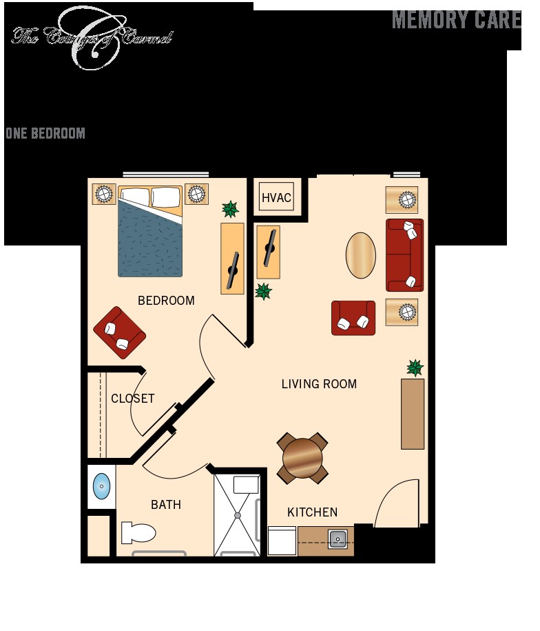 A simple one-bedroom apartment floor plan with a living room, kitchen, bathroom, and closet.