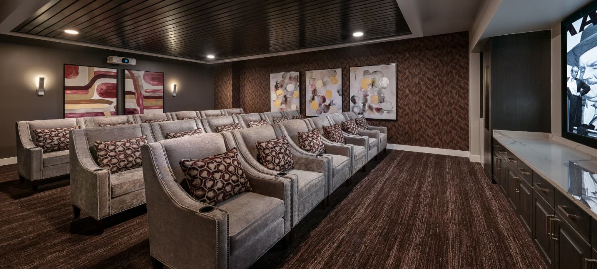 A luxurious home theater with comfortable seating and stylish decor.