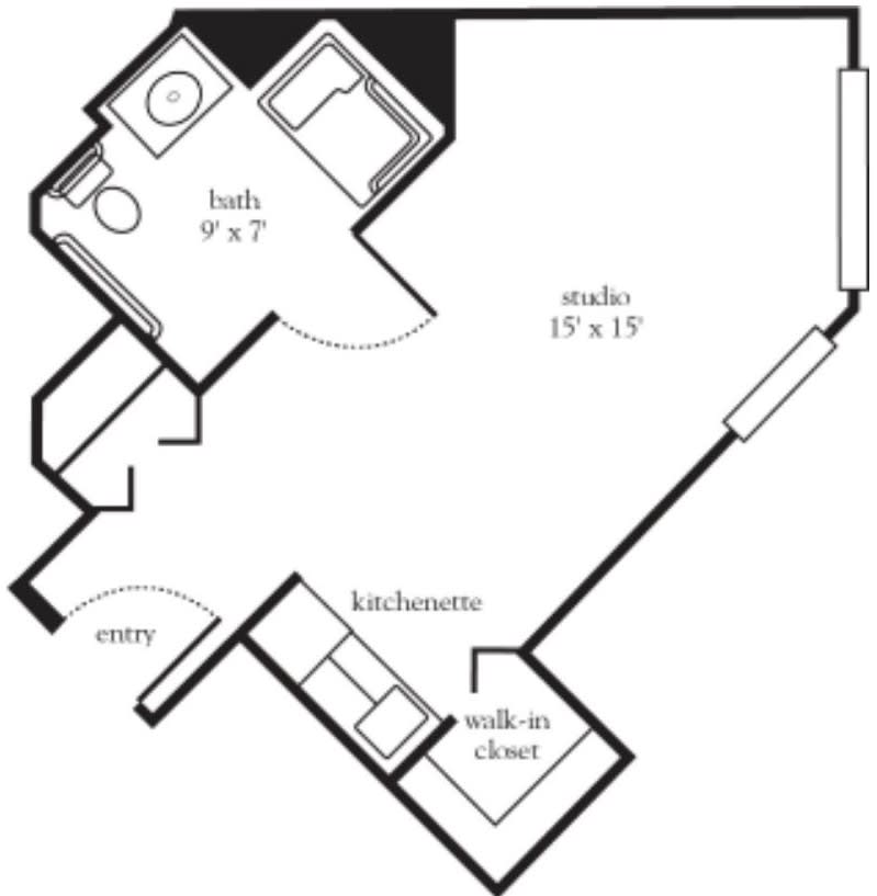 A floor plan of a studio apartment featuring a bathroom, kitchen area, and walk-in closet.