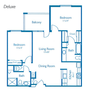 Deluxe two-bedroom apartment floor plan with a balcony.