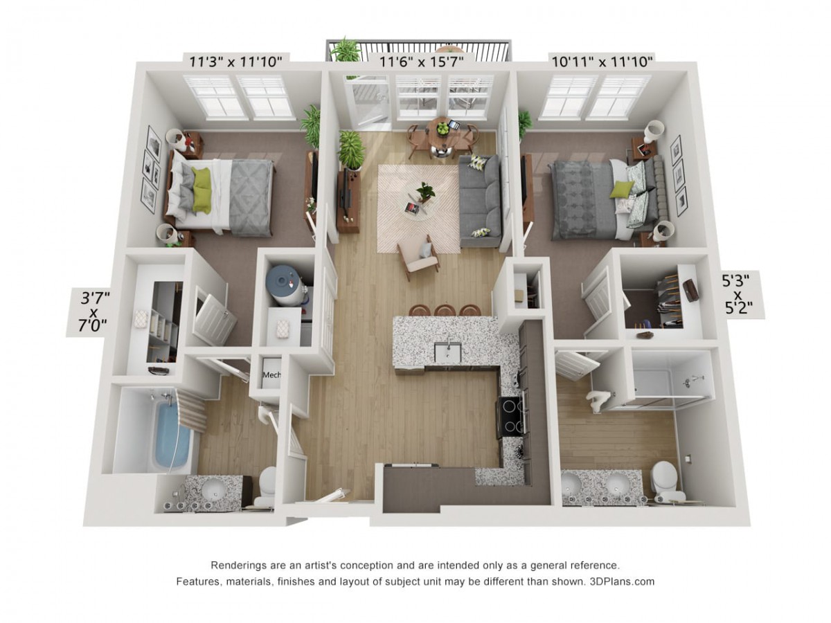 3D floor plan of a two-bedroom apartment with an open kitchen and living area.
