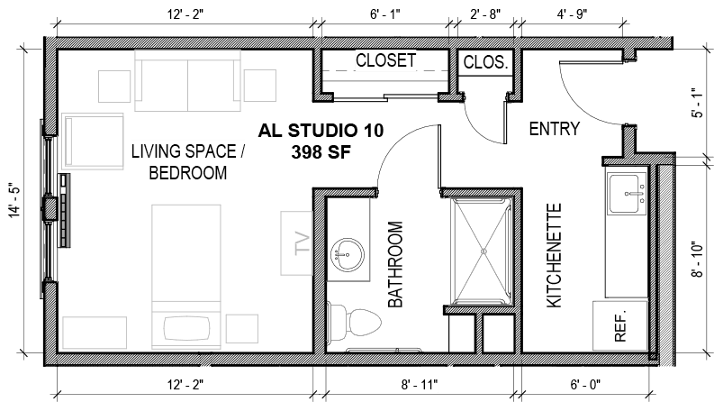 A floor plan depicting an apartment layout with a bedroom, bathroom, closet, kitchen area, and living space.