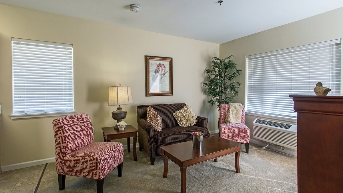 A cozy living room with a sofa, two chairs, a coffee table, and a decorative plant.