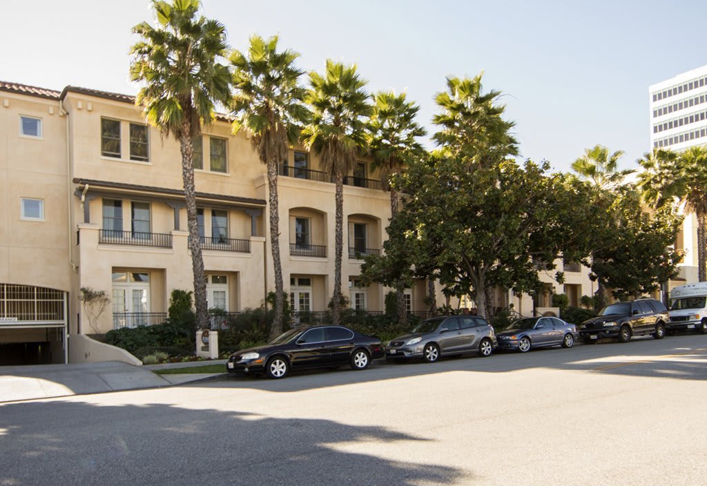Street view of a residential building lined with palm trees and parked cars on a sunny day.