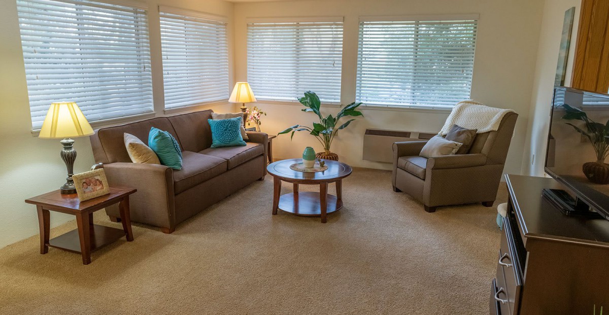 A cozy living room with a sofa, armchair, and coffee table surrounded by large windows.