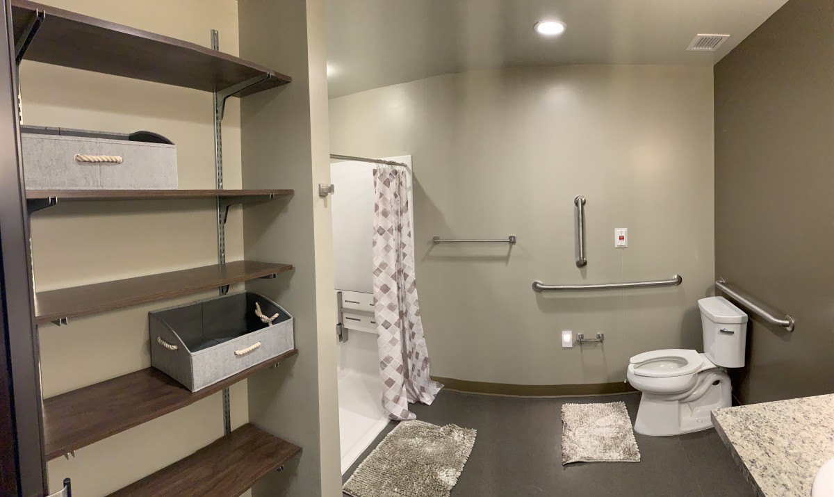 A modern bathroom with a shower, toilet, and shelves featuring grab bars for accessibility.