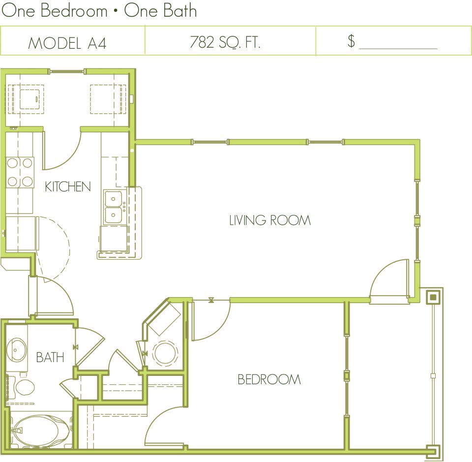 A detailed floor plan of a one-bedroom, one-bathroom apartment layout.
