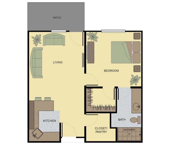 A simple apartment floor plan featuring a living room, bedroom, kitchen, dining area, and bathroom.