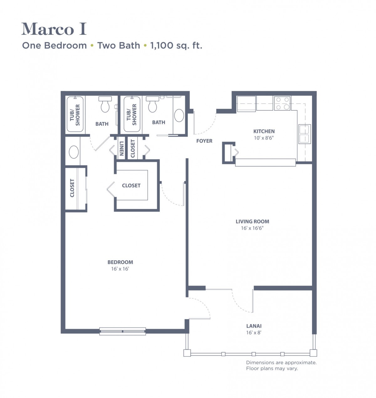 Floor plan of Marco I: One Bedroom, Two Bath, 1,050 sq. ft.