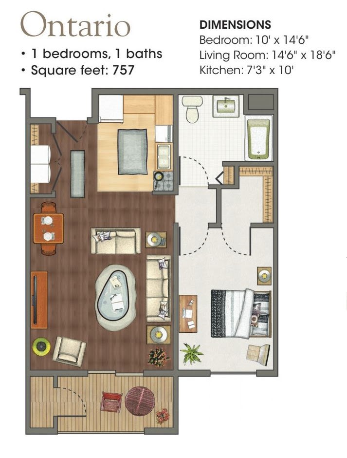 A floor plan of a 757 square feet apartment featuring 1 bedroom and 1 bathroom.