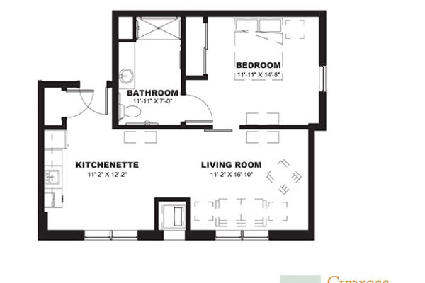 A floor plan depicting an apartment layout with a bedroom, bathroom, kitchenette, and living room.