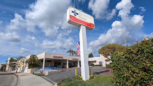 A storefront with a prominent sign and an American flag, set against a backdrop of blue skies and fluffy clouds.