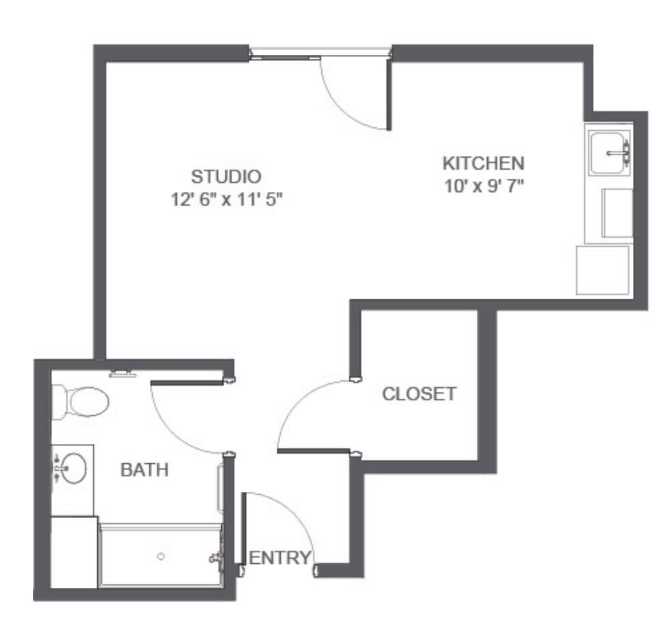 A floor plan of a studio apartment featuring a combined living and sleeping area, kitchen, bathroom, and closet.