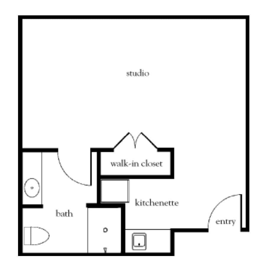 Studio apartment floor plan with main room, kitchen area, bath, walk-in closet, and entry.