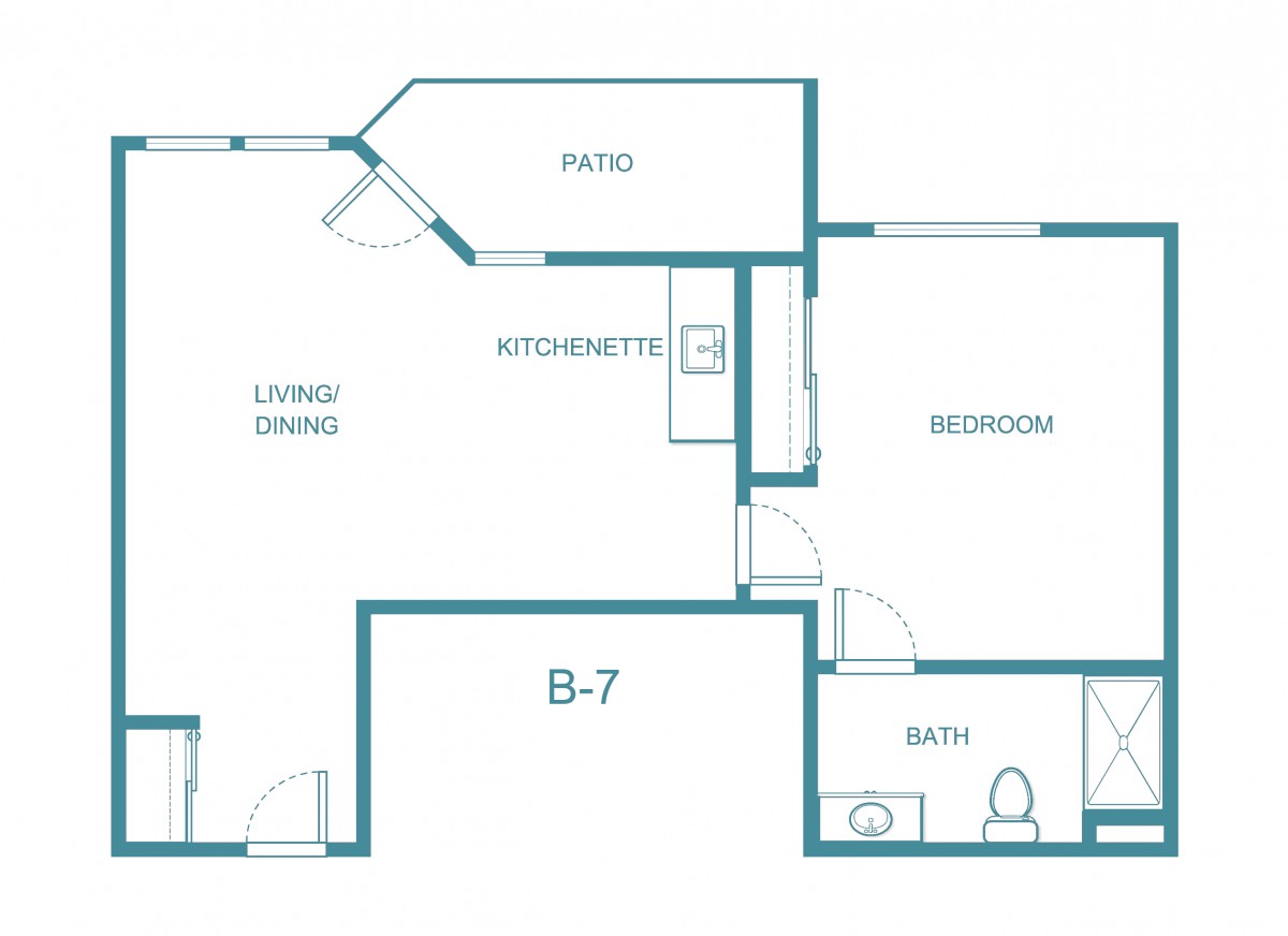 A detailed floor plan of a one-bedroom apartment featuring a living/dining area, kitchenette, bathroom, and patio.