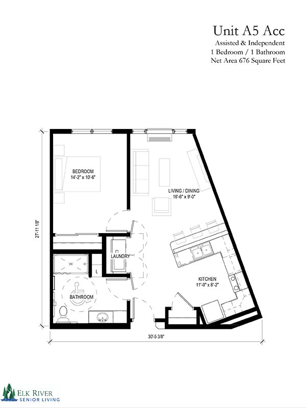 Floor plan of a one-bedroom apartment with living area and kitchen.