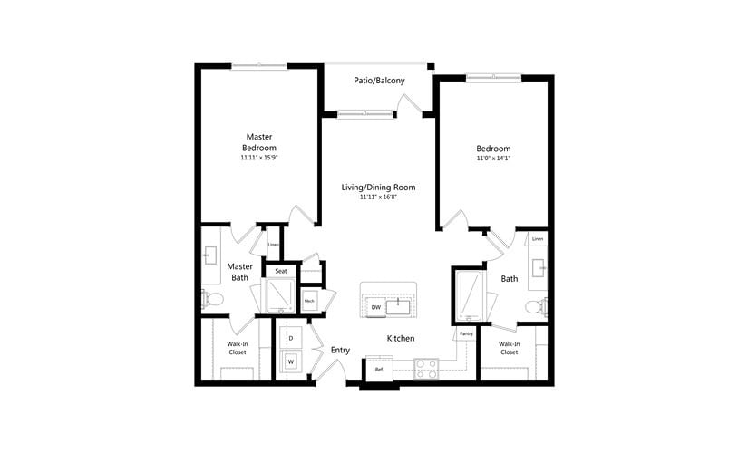 A floor plan of a two-bedroom apartment with a living room, kitchen, and bathrooms.