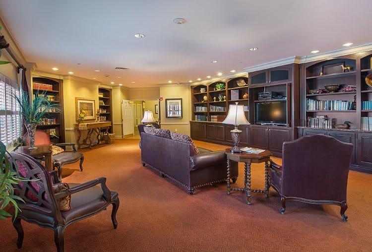 A cozy lounge area with leather seating, bookshelves, and warm lighting.