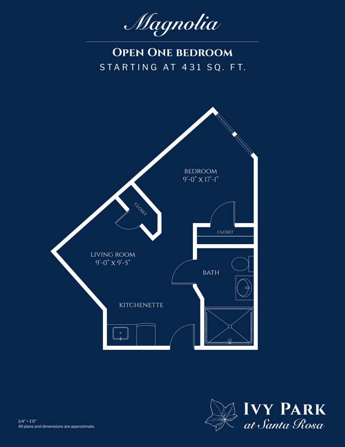 Floor plan of a one-bedroom apartment starting at 425 sq. ft.
